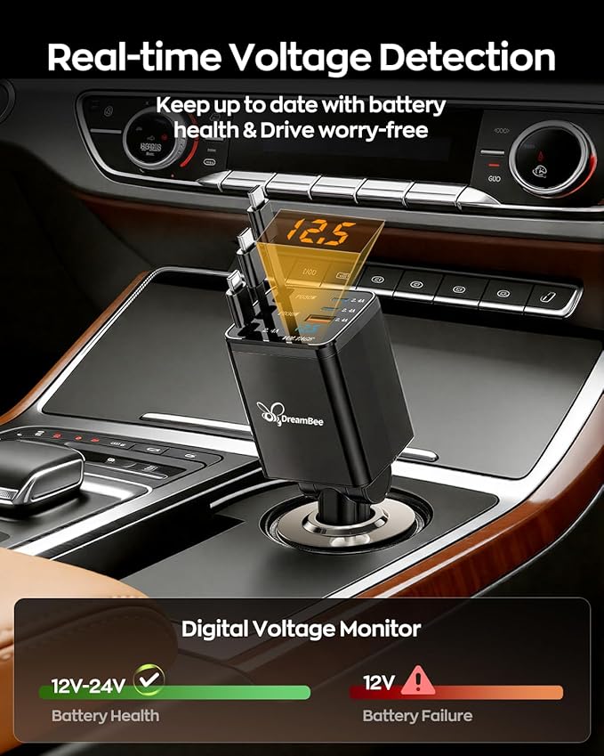 DreamBee Retractable Car Charger,108W 6 in 1 Super Fast Car Phone Charger with 3 Cords 31.5INCH, USB C Car Charger Adapter for iPhone 17/16/15/14/13 Pro Max XR,iPad,Samsung,Pixel