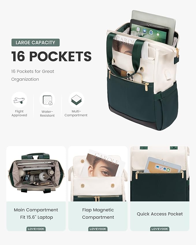 LOVEVOOK Laptop Backpack for Women, 15.6 Inch Work Laptop Bag with USB Port, Fashion Teacher Nurse Backpack Purse, Waterproof Travel Computer Backpack with Organizer Bag, 2PCS, Beige-Green