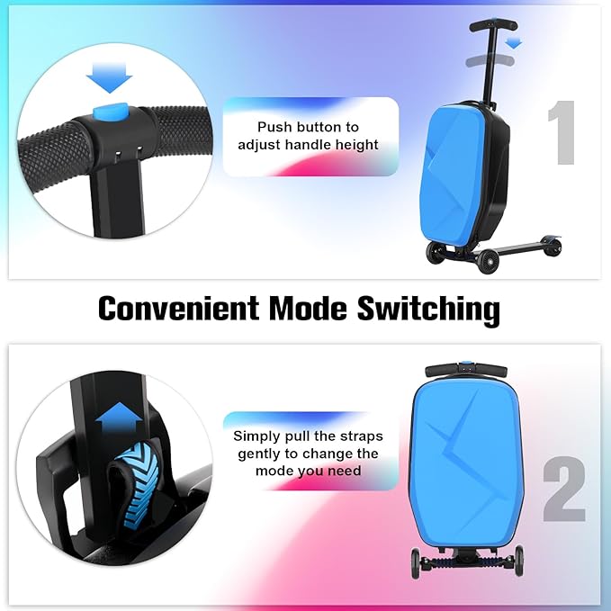 smilesun Scooter Luggage For Kids & Adults， Hardside Ride On Suitcase For Kids Ages 4-15 Multifunctional Lightweight Foldable Carry On Luggage With Wheels Ride On For Children Teenagers（Light Blue）