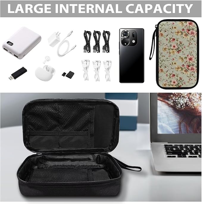 Vintage Flower Print Cable Organizer Bag, Waterproof Travel Electronic Storage, Shockproof Portable Tech Bag Carrying Case for Cord, Earbuds, Charger, SD Card, Tech Gifts