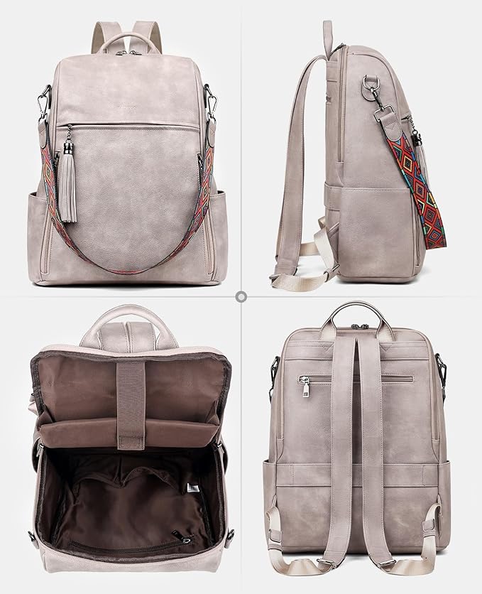 FADEON Laptop Backpack Purse for Women Large Designer PU Leather Laptop Bag, Ladies Computer Shoulder Bags