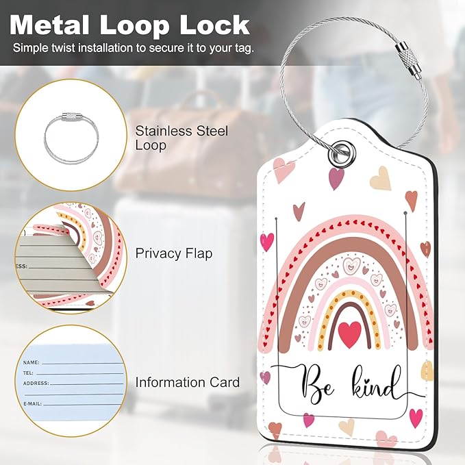 2Pack Luggage Tags for Suitcases, Cute Unique Pu Leather Cruise Luggage Tag with Privacy Cover ID Label Address Card and Metal Ring Suitable for Women Men Kids Travel Bag Rainbow Heart