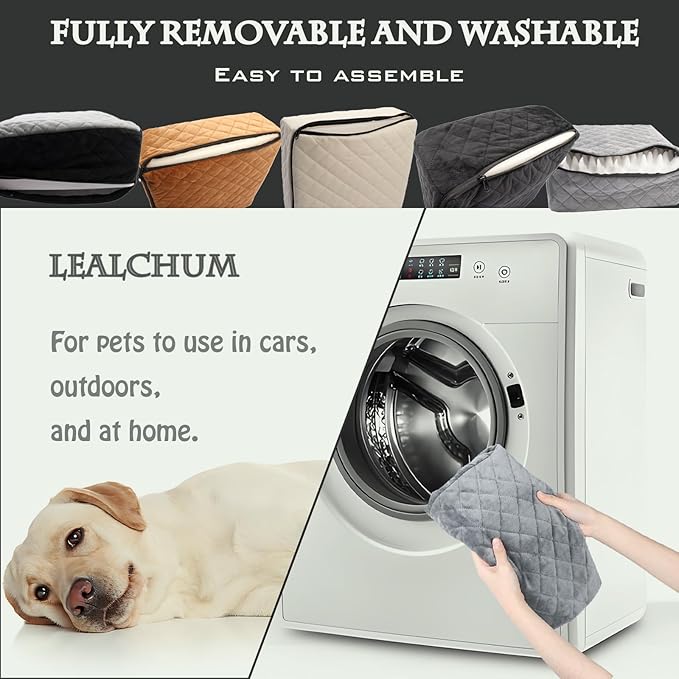 Lealchum Dog Booster Car Seat for Small/Medium Dogs,6in Memory Foam Elevated Cushion,Fully Detachable and Washable,2 Clip-On Safety Leashes,Anti-Slip Base(Black/Grey,Medium)