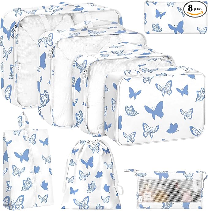KPX 8 Set Packing Cubes for Travel, Luggage Packing Organizers Accessories Large Toiletries Bag for Clothes Shoes Cosmetics (8Set-Butterfly)