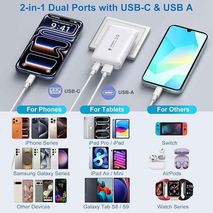 Slim Flat USB C Wall Charger, Costyle 2 Pack 50W USB A & USB C Charger Block Quick Fast Charge 3.0 Charging Block Brick with Foldable Plug Adapter for iPhone 17 16 15 14 13 12 Pro Max Pad Air(White)