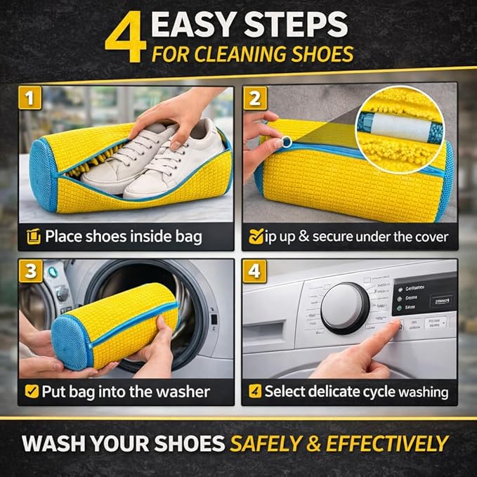 Shoe Washing Machine Bag for Sneakers, 360° Deep Clean Chenille Microfiber Laundry Bag with Hidden Zipper, Reusable Shoe Wash Protector for Running & Tennis Shoes (Yellow)