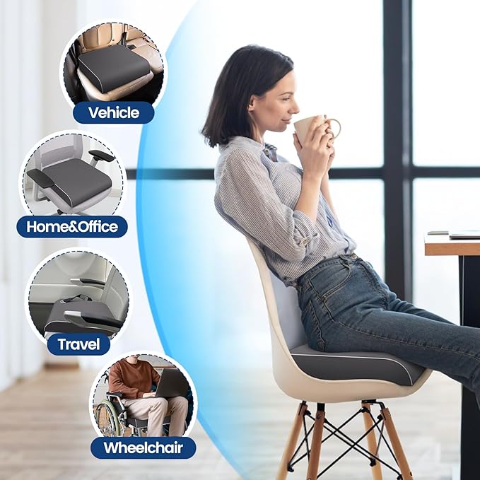 SweetSlubr Seat Cushion for Tailbone Pain Relief, Office Chair Cushion, Memory Foam Large Chair Cushion with Non-Slip Cover for Soft Support at Office Chair, Car Seat, Airplane Grey/XLarge