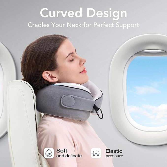 KPNEOL Travel Pillow, 100% Pure Memory Foam Travel Neck Pillow Airplane Neck Support Ergonomic Design for Traveling Suitable for Airplanes,Offices and Cars-Cooling Silk Grey Cover