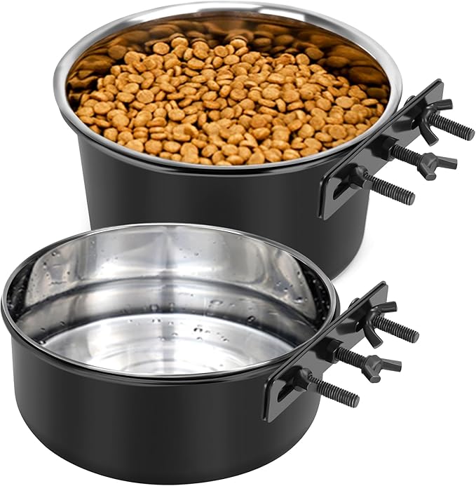 Large Dog Crate Water Bowl No Spill 2 Pack, Stainless Steel Dog Bowls for Food and Water, Pet Kennel Hanging Dogs Food Bowls for Medium/Large Dogs and Cats (7.1"x3.7" & 7.1"*2.6", Black)
