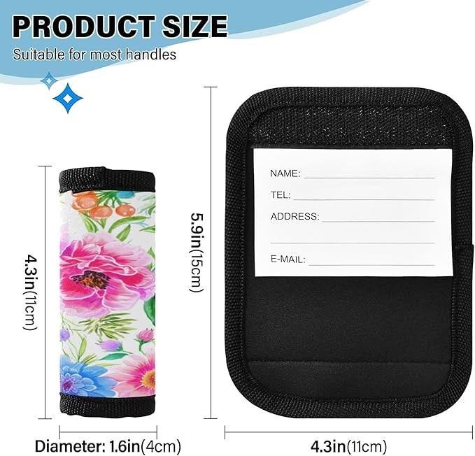 2 Pack Colorful Flowers Luggage Handle Wrap, Detachable Luggage Tag, Neoprene Suitcase Wrap with Comfort Grip & Bright Identifier for Suitcase, Travel Bag, Sports Bag