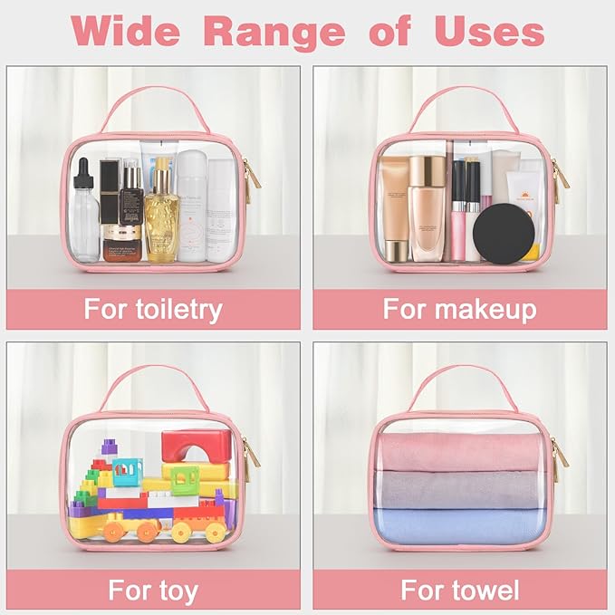 Wedama TSA Approved Toiletry Bag, 2 Pack Clear Makeup Bags with Handles, Quart Size Toiletry Bags, PVC Clear Cosmetic Bags for Women and Men, Carry on Airport Airline Compliant Bag, Pink