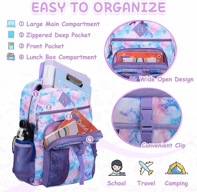 VASCHY Kids Backpack Lunch Bag Set, Girls 2-1 School Bookbag Insulated Lunch Box for Toddlers,Preschool,Daycare,Kindergarten,Elementary School Multi-Color