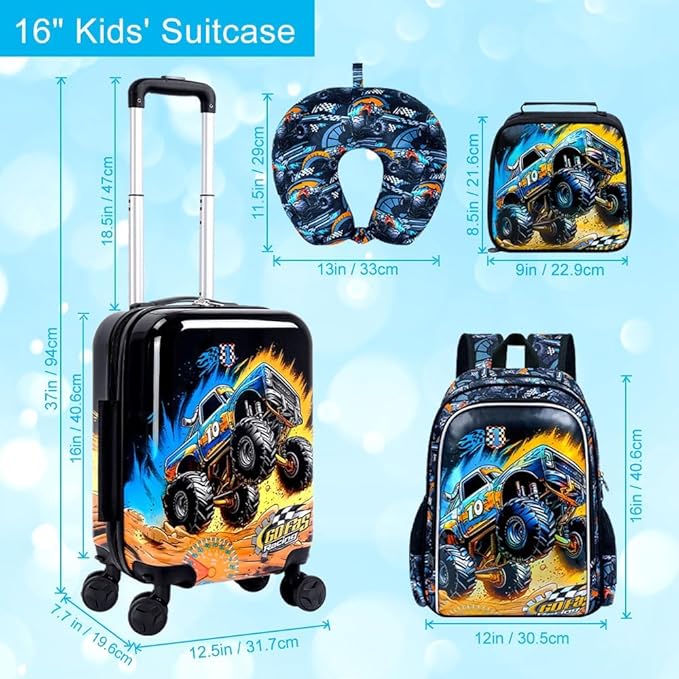 5Pcs Kids Suitcase Set for Boys, 16.5" Hardside Luggage with Spinner Wheels, Truck Travel Carry on Luggage Airline Approved (Black)
