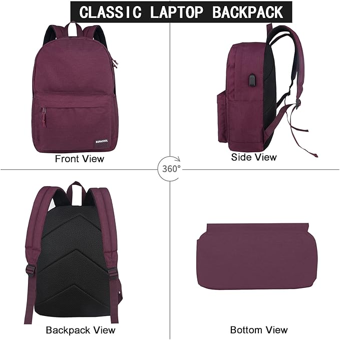 SUPACOOL Casual Laptop Backpack for Men and Women, Backpack for College, USB Charging Port, Lightweight Pack Back(Burgundy Red)