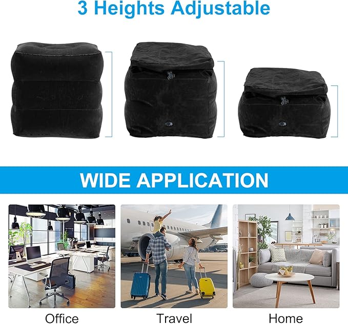 PATIKIL Travel Foot Rest Pillow, Inflatable Foot Rest Mat Adjustable 3 Layers Height Sleep Flights Leg Pillow for Airplane Train Office, Black