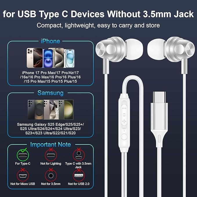 USB C Google Headphones Wired Earbuds for Google Pixel 10a,10 Pro XL/Fold,10Pro,10,9a,9 Pro XL,9,8a,8Pro,8,7a,7Pro,7,6a,6Pro,6,5a,5,4a,4XL,3a,3XL,3,2, in Ear Type C Pixel 10 Wired Ear Buds Earphones