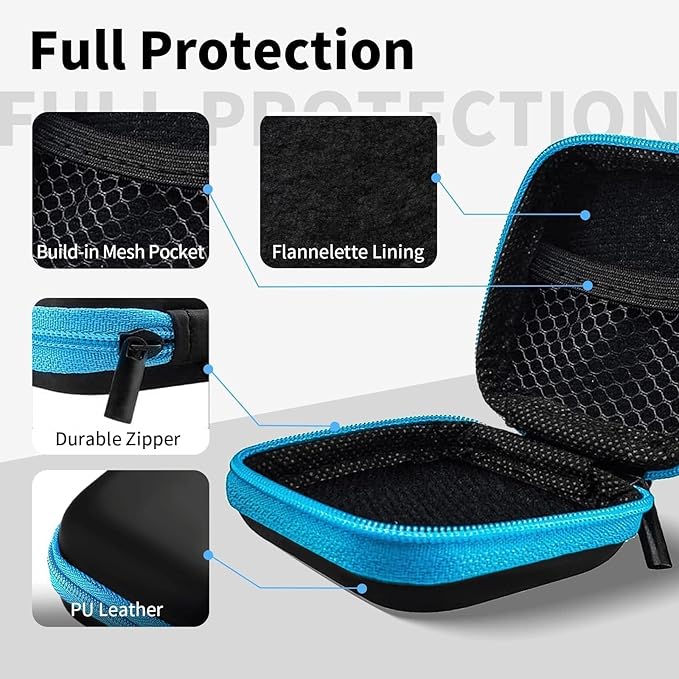 Square Earbud Case Portable EVA Carrying Case Storage Bag Tech Pouch Cell Phone Accessories Organizer with Carabiner for Earphone, Earbud, Earpieces, SD Memory Card, Camera Chips, Blue