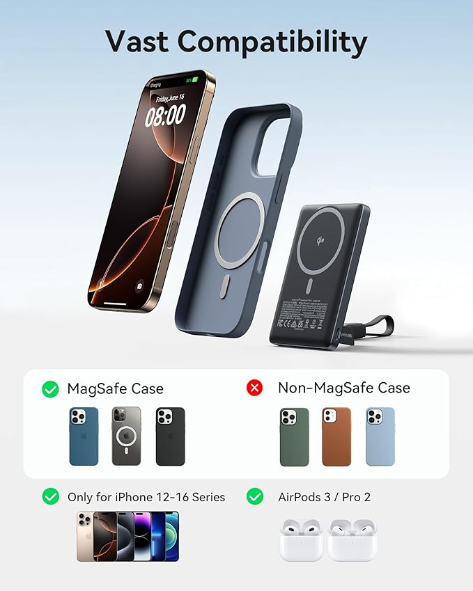 INIU Magnetic Portable Charger, Slim Qi2 Certified 5000mAh 20W Magnetic Power Bank, USB C in&Out Wireless Battery Pack Phone Charger, Only for iPhone 16/15/14/13/12 Series, Blue
