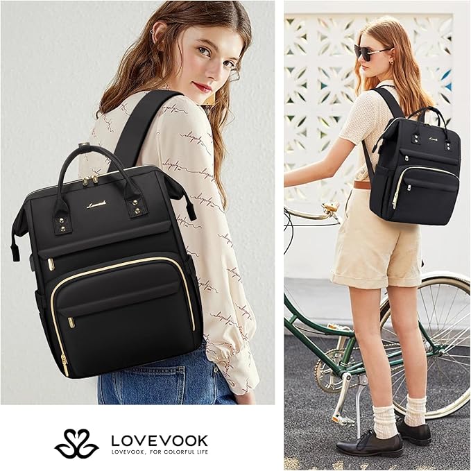 LOVEVOOK Laptop Backpack for Women,18 Inch Professional Womens Travel Backpack Purse Computer Laptop Bag Nurse Teacher Backpack,Waterproof College Work Bags Carry on Back Pack with USB Port,Black