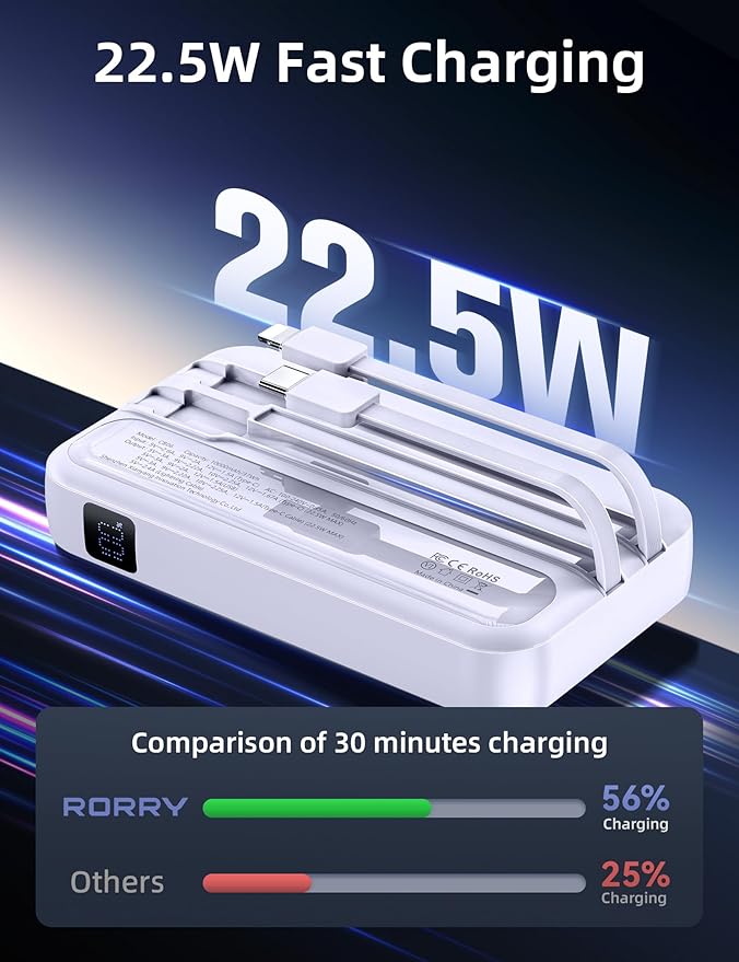 RORRY Portable Charger Built in Cables, AC Wall Plug in Portable Charger Power Bank 10000mAh Travel Battery Pack 22.5W Fast Charging for iPhone 17/16/15 Samsung Galaxy S25/S24 Pixel LG iPad, Purple