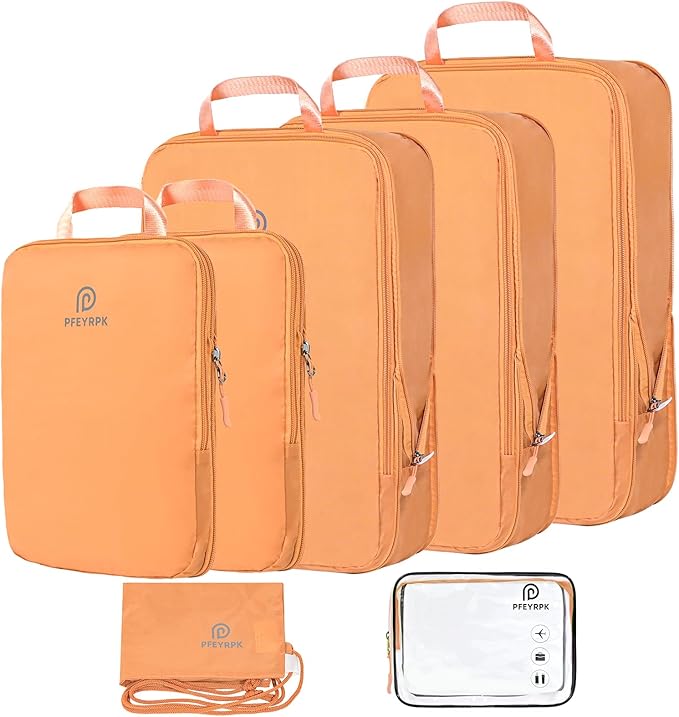 PFEYRPK Lightweight Compression Packing Cubes for Suitcases, Compressible Expandable Travel Packing Organizer with Clear Toiletries and Backpack Bag, Travel Essentials for Carry on Luggage 7 Set