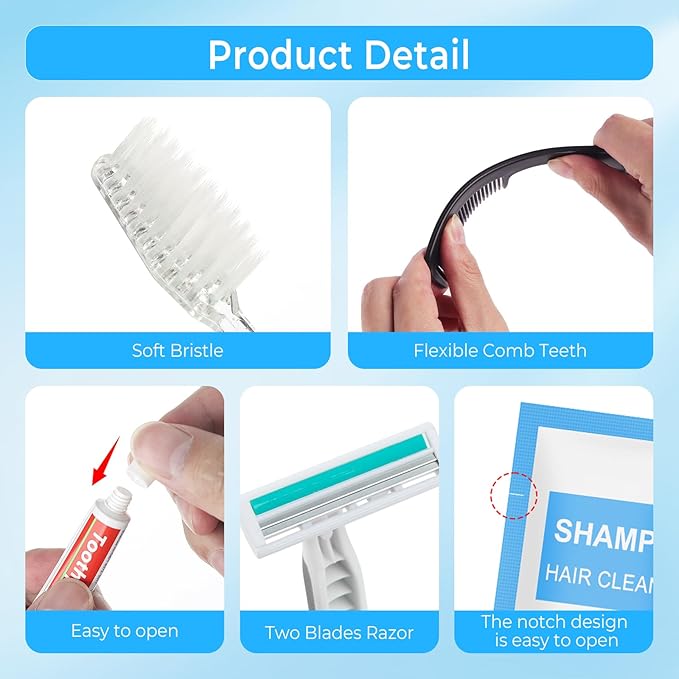 Personal Hygiene Kit Bulk Pack of 5,Individually Wrapped 13-IN-1 Blue Disposable Basic Travel Toiletry Set Homeless Care Package Supplies for Men,Women,Guests,Charity