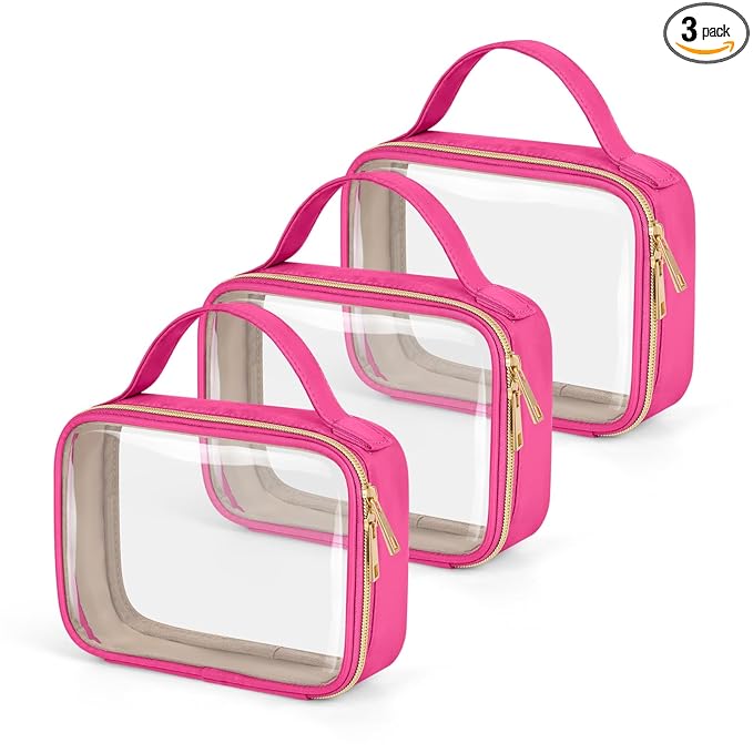 Wedama TSA Approved Toiletry Bag, 3 Pack Clear Makeup Bags with Handles, Quart Size PVC Clear Cosmetic Bags for Women and Men, Carry on Airport Airline Compliant Bag, Rose Red