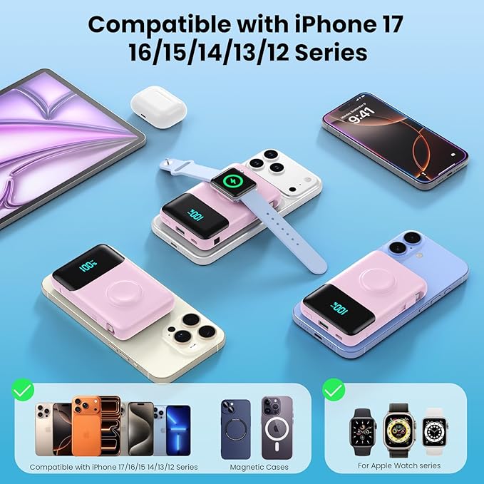 Magnetic Portable Charger for iPhone with Built-in Cable,10800mAh Wireless Power Bank for Magsafe Travel Essential,6-in-1 25W PD Fast Charging USB C Battery Pack for iPhone 17/16/15/14, Apple Watch