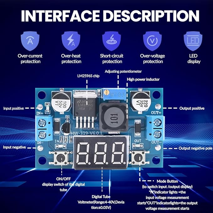 LM2596 Adjustable DC-DC Step-Down Buck Converter Module with LED Voltmeter Display, Voltage Regulator 4.0-40V Input to 1.25-37V Output Power Supply Module (Pack of 6)