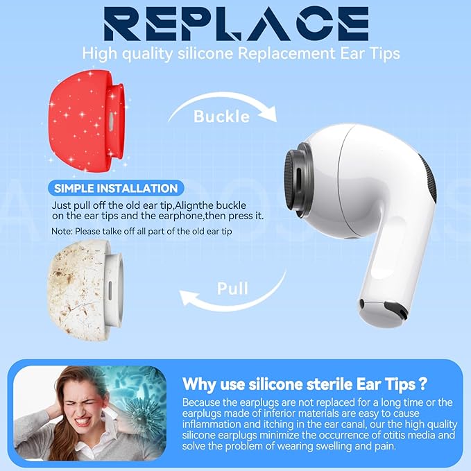 4 Pairs Replacement Ear Tips for AirPods Pro 2nd/1st Generation with Portable Storage Box & Cleaner Pen,Noise Reduction Holewith & Built-in dust Guard Screen,Silicone EarTips(Red)