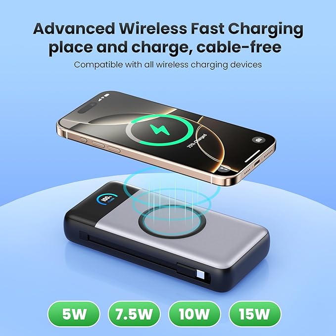 Wireless Portable Charger 40,800mAh with Built-in Cables,15W Wireless Charging 25W PD QC4.0 Fast Charging USB-C Power Bank,Travel Essentials External Battery Pack for iPhone 17/16/15/14,Galaxy,Android