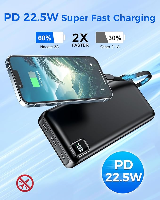 50000mAh Power Bank Portable Charger 22.5W Fast Charging, Built in Cables USB-C External Battery Pack, Phone Charger with 5 Output & 2 Input USB C, Travel Camping Essential for iPhone & Andriod
