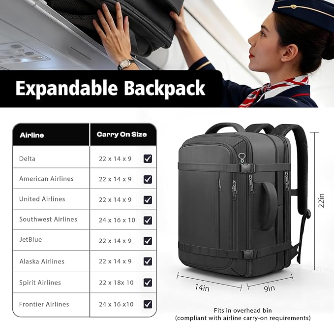 Roomy Carry On Backpack, Expandable Large Capacity Travel Backpack 1-7 Days with LifetimeWarranty,Fits18.4" Laptop,Water Resistant Anti Theft Carry on Laptop Backpack for Men Women,Flight Travel,Black