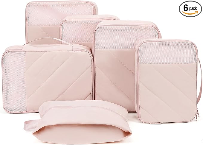 NISHEL 6 Set Packing Cubes for Travel, Luggage Organizer Bags with Shoe Bag, Lightweight, Durable Space Saver Bags Travel Essentials, Pink