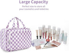 Narwey Travel Toiletry Bag for Women Large Hanging Makeup Bag Organizer Toiletries Bag for Full Size Essentials Accessories Cosmetics (Purple Checkerboard (Large))