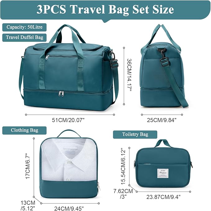 Large Travel Duffle Bag,Carry on Overnight Weekend Bag with Shoes Compartment,Weekender Bags for Women for Travel Business Trips Sport Hospital,3 Pcs Set,Peacock Blue