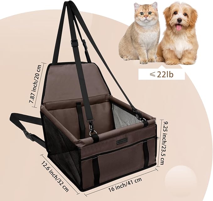 Dog Car Seat Foldable Dog Car Booster Seat Waterproof Breathable Oxford Travel Bag for Small to Medium Dogs, Puppies, and Pets-Pure Coffee