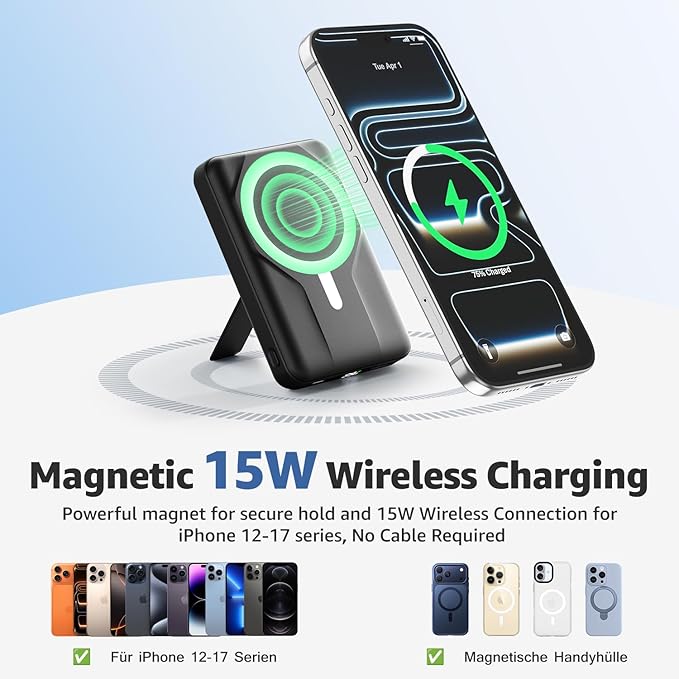 Azmuth Magnetic Power Bank,10000mAh for MagSafe Battery Pack, 22.5W PD Fast Charging,LED Display & Foldable Stand Wireless Portable Charger for iPhone 17/16/15/14/13/12/Pro/Pro Max/Plus,Deep Black