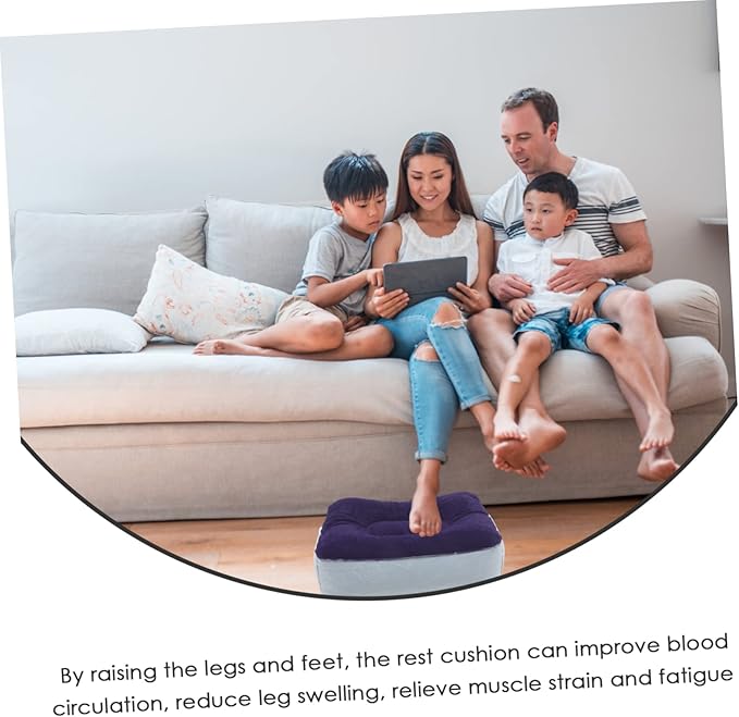 Inflatable Foot Rest Pillow Flocking PVC Travel Cushion for Airplane Train Car Comfortable Foot Massage Stool for Outdoor Trips Grey Blue