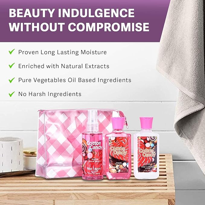 Cotton Candy Bath & Body Travel Kit, 3 Fl Oz, Ideal Skincare Gift Home Spa Set, Includes Shower Gel, Body Lotion and Fragrance Mist, Birthday Mother's Valentine's Day Gifts for Her