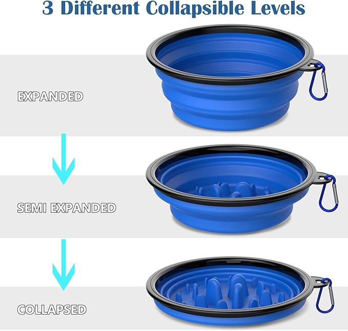 Collapsible Dog Bowls [2 Pack] 34 oz, Slow Feeder Bowl, Travel Dog Bowls Pet Portable Foldable Water Food Feeding Dishes with Carabiner Clip for Traveling Hiking Walking-Green & Blue