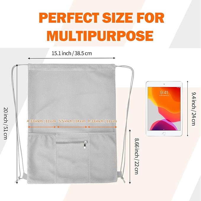 NATURAL STYLE Mesh Drawstring Backpack Bag, Gym Sports Bag with Zipper Pocket Bottle Holder, String Beach Bag for Swiming Travel (Grey)