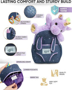 Naturally KIDS 【Upgraded】 Toddler Backpack w Removable Purple Unicorn Toy for Girls Age 2-6 | Side&Inner Pockets, Reflective Logo, Sparkling Material | Christmas Gift for 4 year old Girl