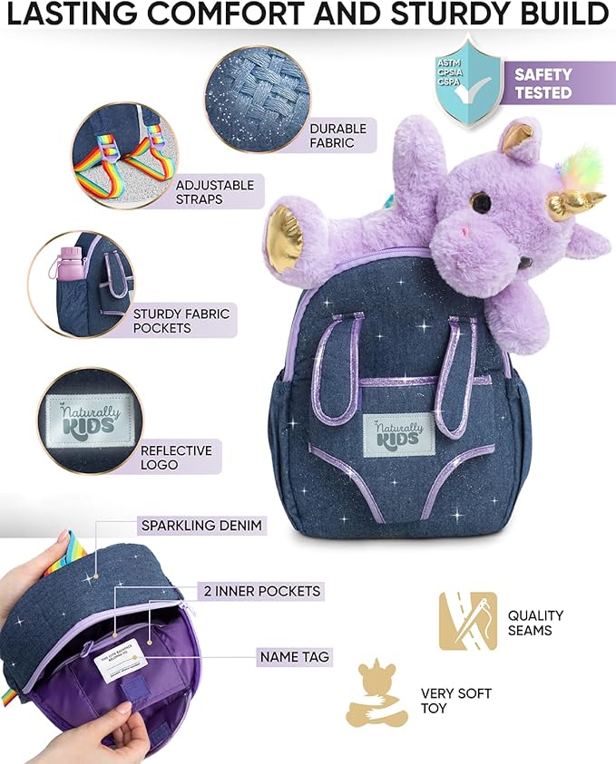 Naturally KIDS 【Upgraded】 Toddler Backpack w Removable Purple Unicorn Toy for Girls Age 2-6 | Side&Inner Pockets, Reflective Logo, Sparkling Material | Christmas Gift for 4 year old Girl