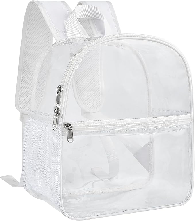 Paxiland Clear Backpack Stadium Approved 12×12×6 with Reinforced and Wider Shoulder Straps, Small Clear Bag for Schools, Concerts, Work, Festivals and Sporting Events - White