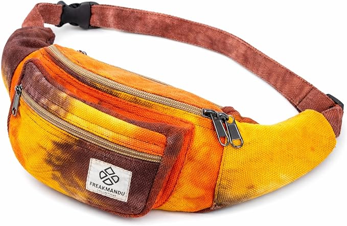 Freakmandu Eco-Friendly Boho Hippie Style Hemp Fanny Pack Cross Body Hip Waist Bag for Hiking Running Jogging (Fall Trip)
