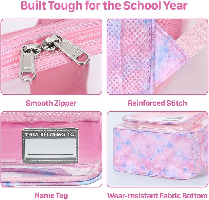 Bagseri Clear Backpack for Girls - 15 Inch Heavy Duty Kids Clear Bookbag for Kindergarten to Grade 2, Transparent School Bag with Reflective Strip, Fits Folders, Pink Tie-dye