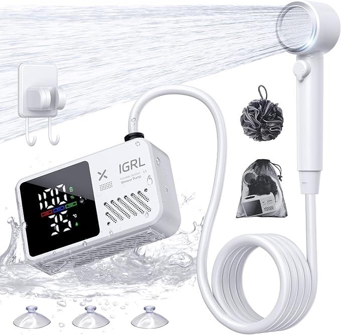 IGRL Portable Shower for Camping, Powerful 10L/Min Water Flow, Rechargeable Shower Pump with Bath Sponge, 4 Spray Modes, IPX8 Waterproof, 7800mAh Battery, Ideal for Hiking, Travel, Car Wash, Pet
