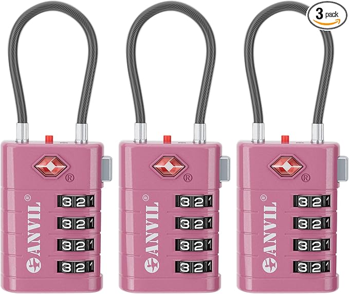 ANVIL TSA Approved Luggage Locks, 4 Digit Combination Travel Suitcase Locks with TSA008 Core and Open Alert Indicator, Zinc Alloy Body. (3, Rose Purple)