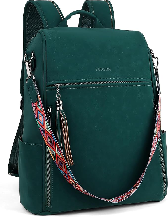 FADEON Leather Laptop Backpack for Women Designer 15.6 inch PU Laptop Bag, Ladies Travel Computer Work Backpack Green